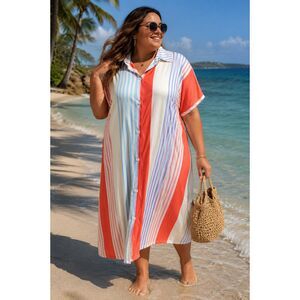 Striped Shirt Dress 3XL Button Front Oversized Beach Cover Up Colorful
